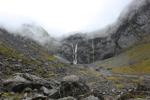 mountains waterfall fog