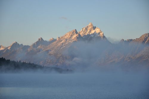 mountains fog lake