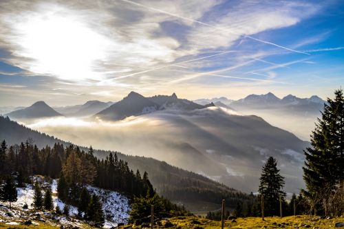 mountains fog sky