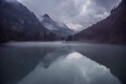 mountains lake mist