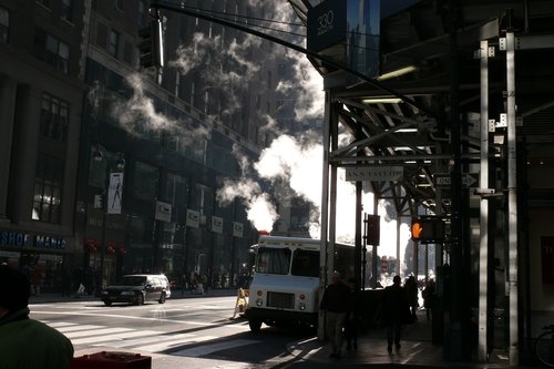 new york  winter morning  white steam