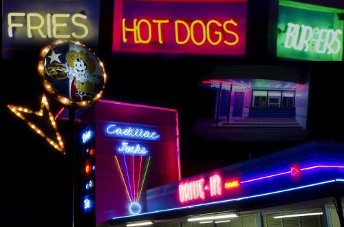 night neon signs hot dogs