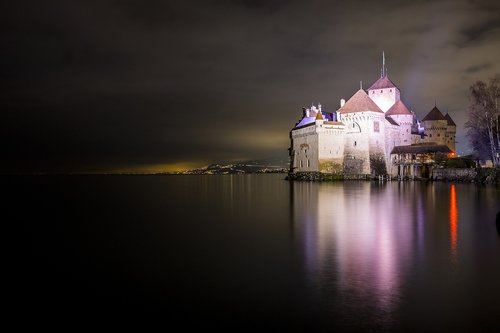 night  castle  lake