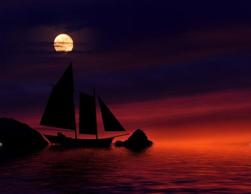 night boat sky moon