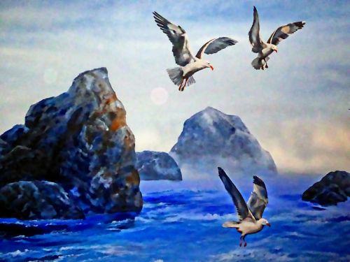 Ocean Mural With Seagulls