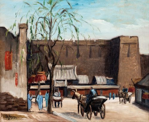 oil painting the ancient city wall carriage