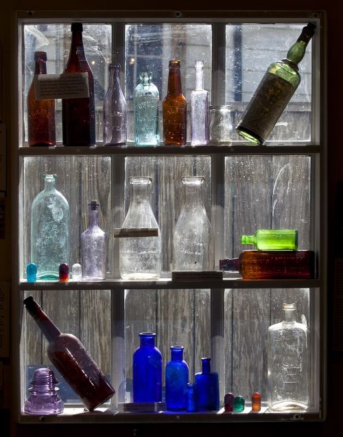 old bottles display colored glass
