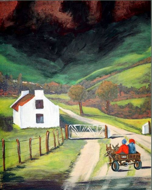 painted landscape country donkey cart