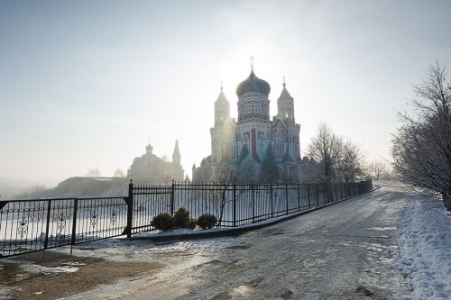 panteleimon cathedral in kiev temple fog