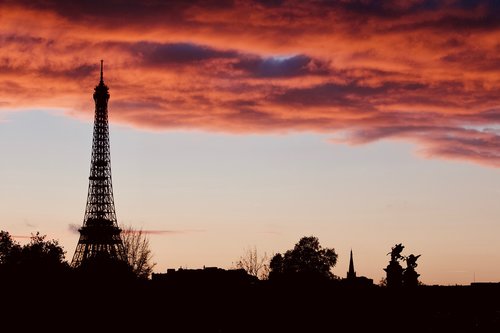 paris  eiffel tower  sunset