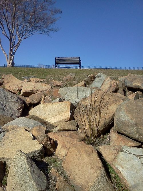 park bench rocks