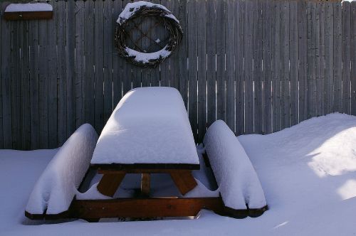 picnic table snow winter