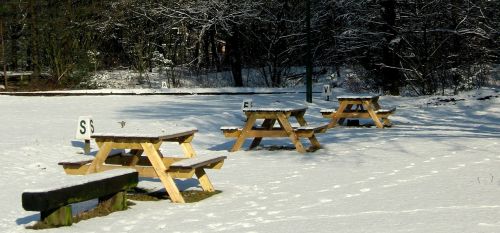picnic tables winter snow