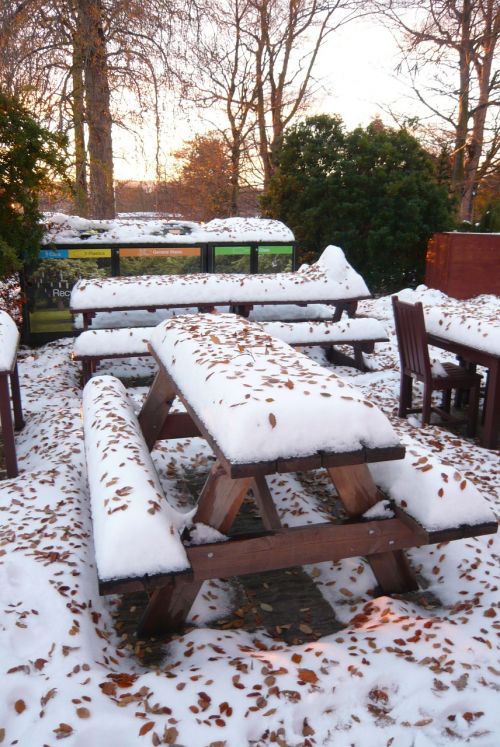 picnic tables snow winter