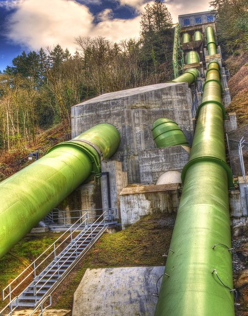 power plant feed pipes  dam  electrical