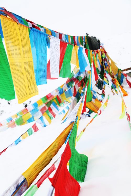 prayer flags tibet in shergyla mountain pass