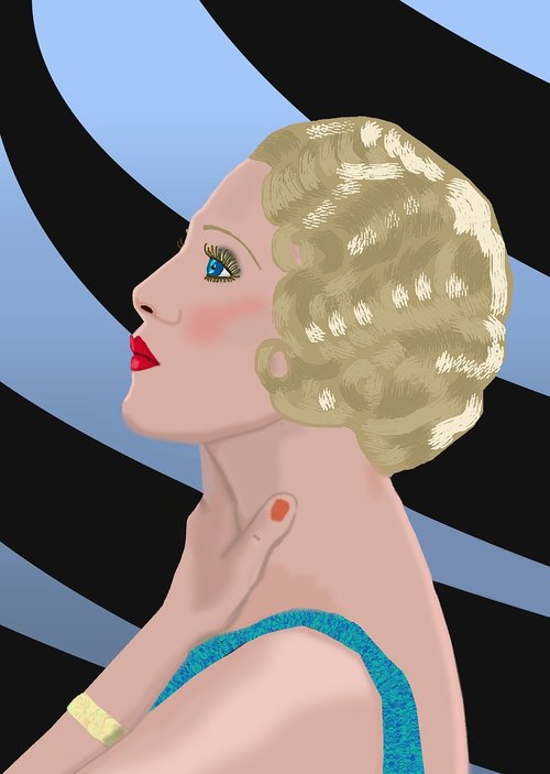 profile digital portrait  blue dress  shiny blonde hair