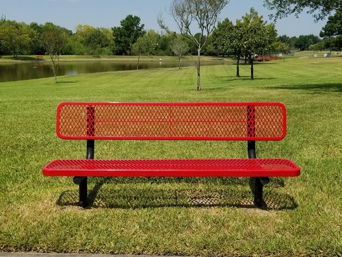 red  bench  grass