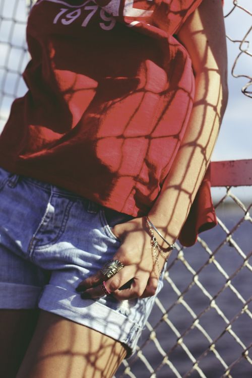 red blouse jeans