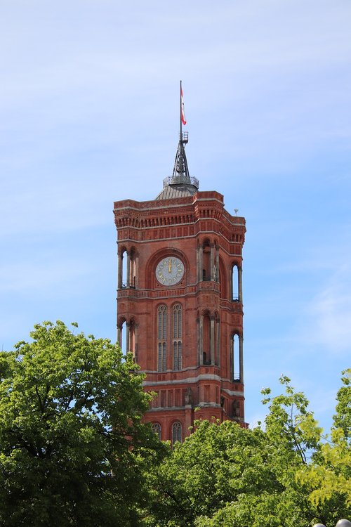 red town hall  tower  clock