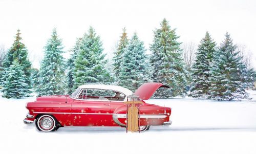 red vintage car winter pines