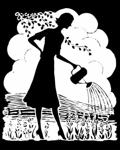 Retro Woman Watering Garden