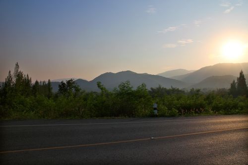 road way sunset