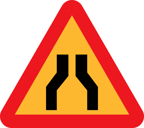 road narrows roadsign road sign