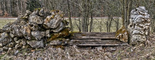 rock  stones  wooden bench