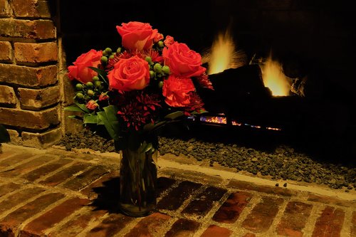 roses  fireplace  bricks