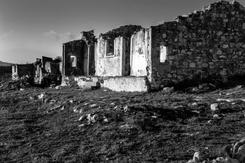 ruins black and white building