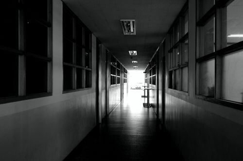 school hallway black and white