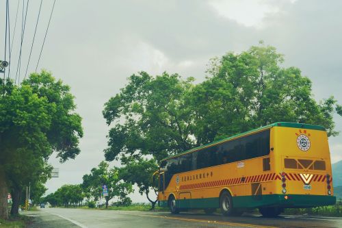 school bus highway cloudy day