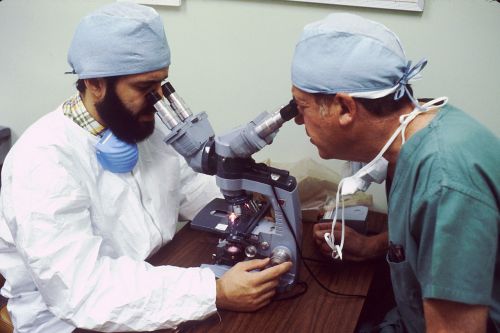scientist pathologist double overhead microscope