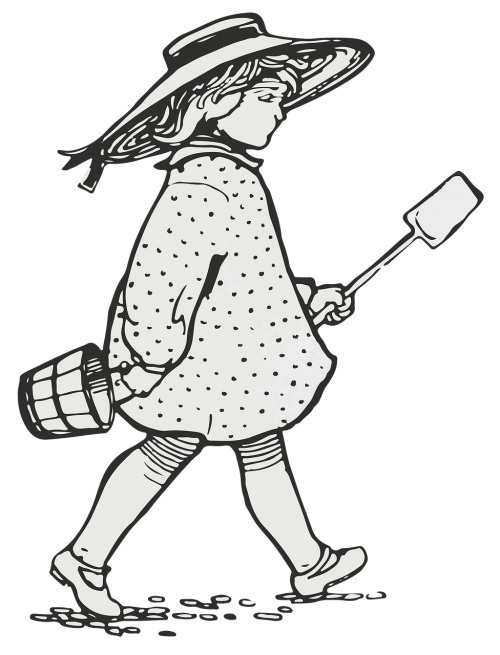 seaside girl girl wearing hat child holding bucket