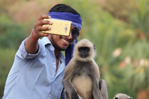 selfie with monkey  monkey  boy
