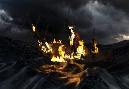 ship fallen fire