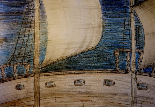 ship deck  night  drawn