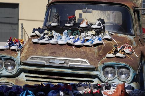 shoe sale sidewalk sale rusty truck