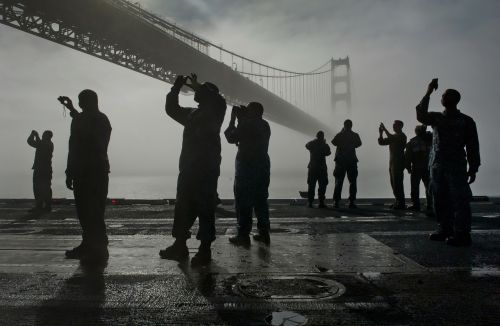 silhouettes fog bridge