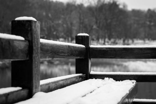 snow black and white bench