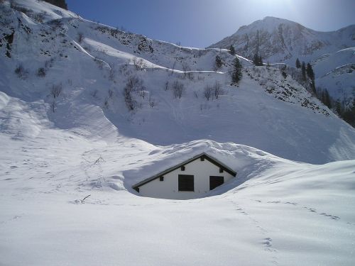 snow mountains hut