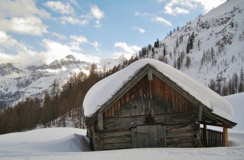 snow landscape mountain hut alpine