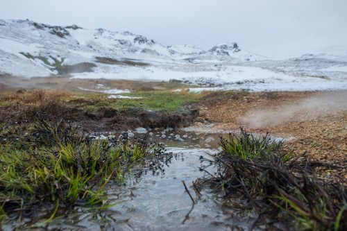 snow mountain water steam