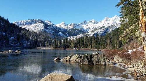 snow mountains lake ice