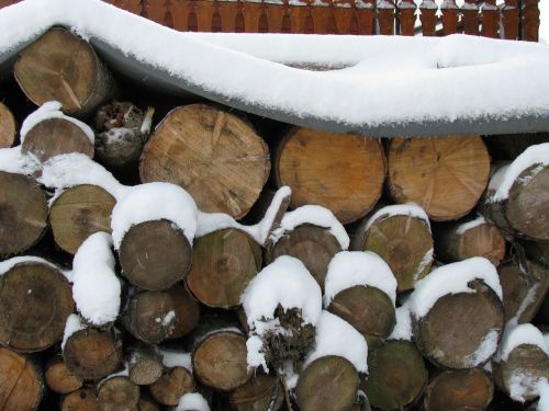 stacked logs snow