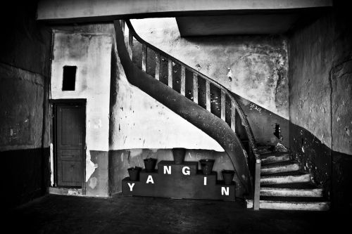 stairs black and white door