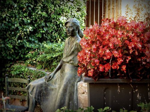 statue geraniums garden