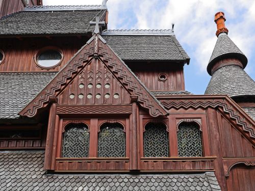 stave church roof landscape close up