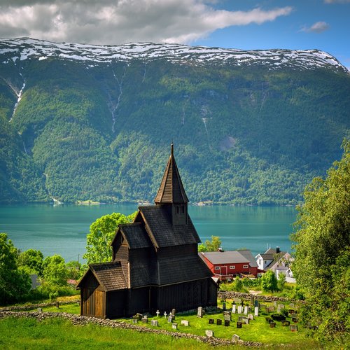 stave church  fjord  mountain
